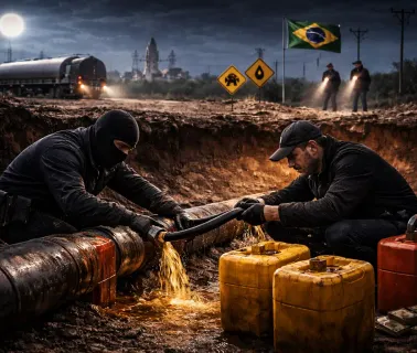 Indivíduos realizam furto de combustível em duto no Brasil durante a noite