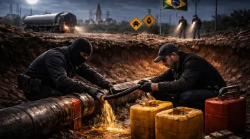 Indivíduos realizam furto de combustível em duto no Brasil durante a noite