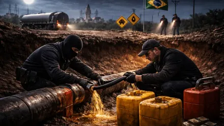 Indivíduos realizam furto de combustível em duto no Brasil durante a noite