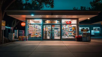 Loja de conveniência em posto de combustíveis com prateleiras abastecidas