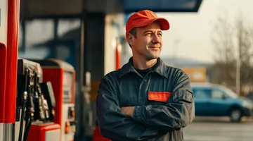 gerente de posto de combustível olhando para o lado em seu empreendimento.