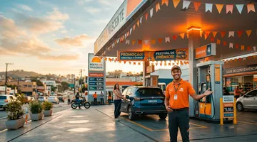 Posto de combustível decorado com bandeirinhas e faixas promocionais laranjas para uma campanha de marketing sazonal