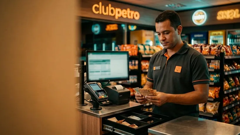 Frentista fechando o caixa do posto de combustível conferindo os valores