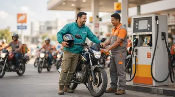 Motociclista entregador abastecendo a moto na pista de um posto movimentado, representando o cliente de moto no posto e o engajamento na pista