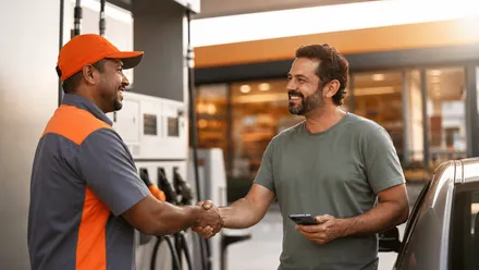 Frentista recebe com um sorriso o cliente que voltou a abastecer no posto, representando a reativação de clientes inativos