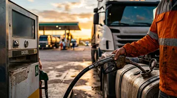 Frentista abastecendo caminhão com diesel S10 na bomba de um posto à beira da rodovia ao entardecer, ilustrando o aumento do diesel S10