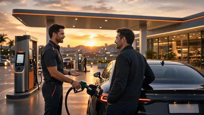 Posto de combustível moderno e premium ao entardecer, com frentista atendendo um cliente, ilustrando o retorno da Texaco premium e a importância de conhecer o cliente