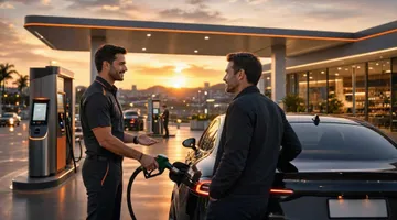 Posto de combustível moderno e premium ao entardecer, com frentista atendendo um cliente, ilustrando o retorno da Texaco premium e a importância de conhecer o cliente