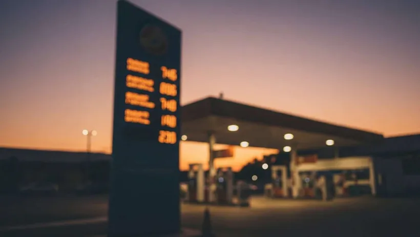 Painel de preços de um posto de combustível ao entardecer, ilustrando a fiscalização sobre o preço abusivo de combustível