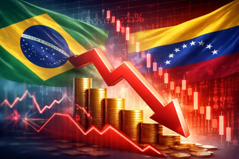 Ilustração mostra queda econômica envolvendo Brasil e Venezuela com gráficos financeiros em baixa