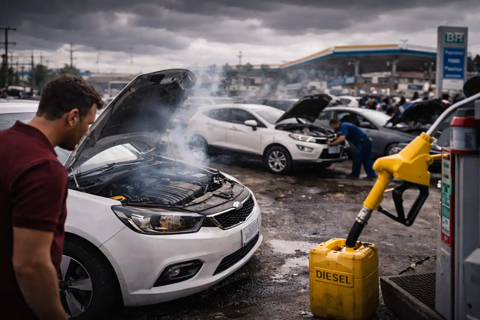 Carros danificados após abastecimento com diesel em posto de combustíveis