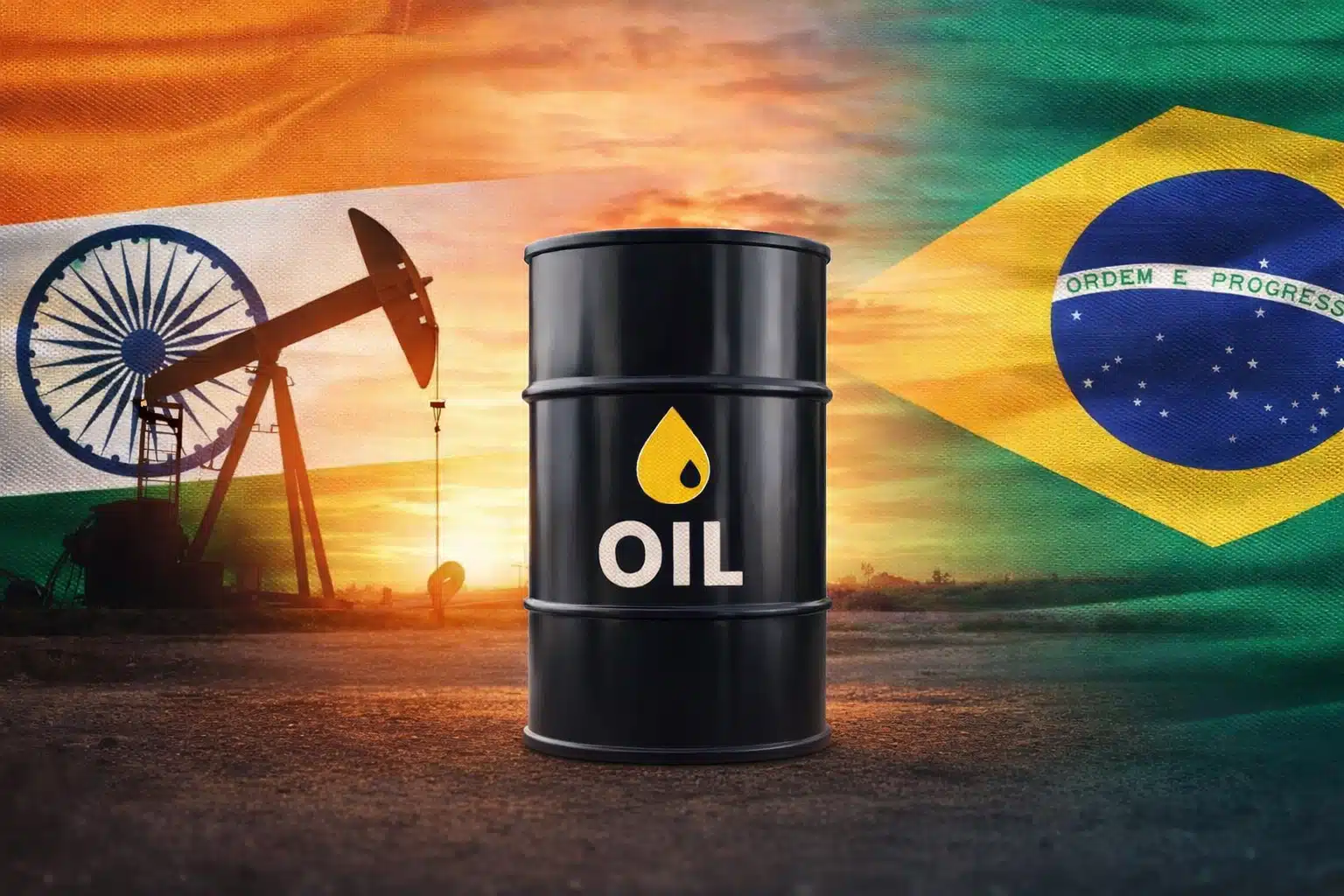 Barril de petróleo entre as bandeiras do Brasil e da Índia simbolizando acordo comercial