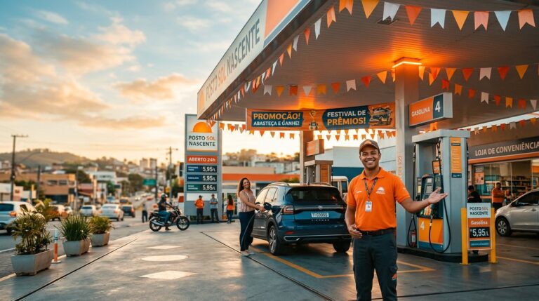 Posto de combustível decorado com bandeirinhas e faixas promocionais laranjas para uma campanha de marketing sazonal