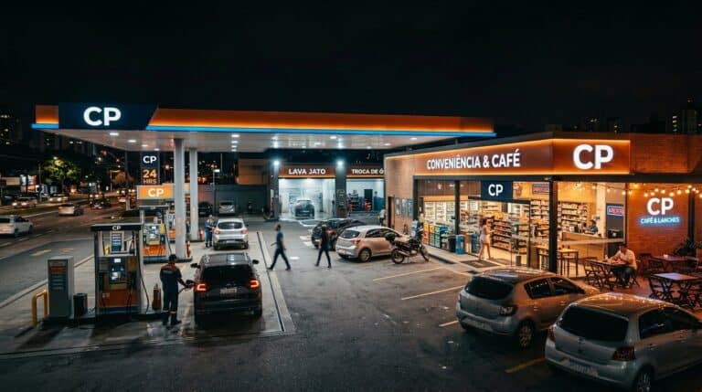 Complexo de posto de combustível multifuncional com bombas, loja de conveniência, café e lava-jato