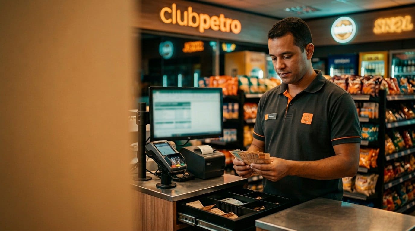Frentista fechando o caixa do posto de combustível conferindo os valores