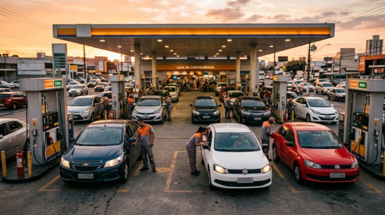 Vários frentistas atendendo carros ao mesmo tempo na pista de um posto no fim de tarde, representando o horário de pico e o dimensionamento da equipe