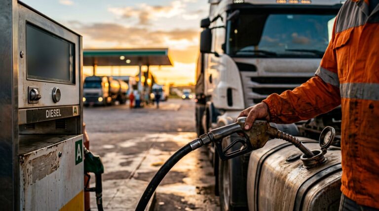 Frentista abastecendo caminhão com diesel S10 na bomba de um posto à beira da rodovia ao entardecer, ilustrando o aumento do diesel S10